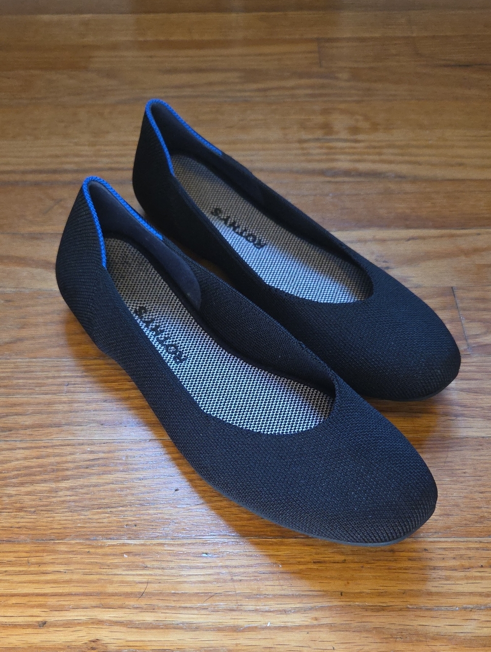 Rothy's Black Knit Slip-On Flats with Blue Trim